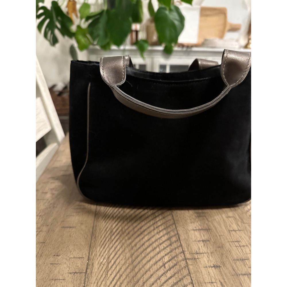 Vintage Y2K Black Suede Mini Tote‎ - Metallic Pewter Trim & Moto Zipper - Picture 4 of 5